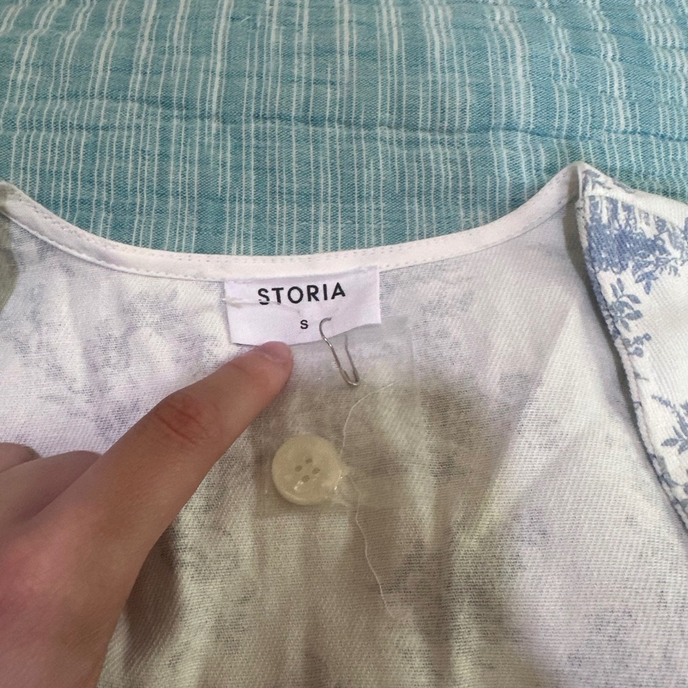 Storia Mini Dress White Blue Toile Print Button Front Belted Sleeveless Small - Picture 2 of 3